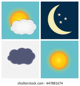 Weather Icons with Sun, Cloud, Rain and Moon Vector Illustration EPS10