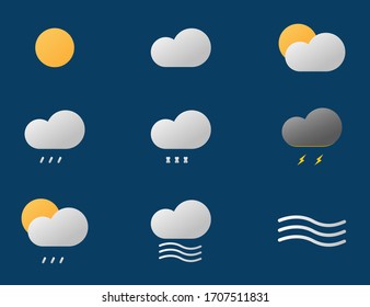 Weather icons of sun, clouds, rain, wind and lightning in modern premium design. Forecast set of meteorology. Vector EPS 10.