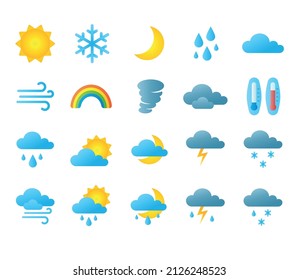 Weather icons. Sun clouds rain and wind interface icons for forecast application. Vector meteo symbol set