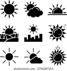 Weather icons sun clouds rain snow fog wind storm sunrise sunset conditions symbols.