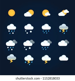 Weather icons sun and clouds in sky, rain with snow, thunder and lightning. Flat vector weather and meteorology for mobile and web application