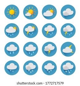 Weather icons sun and clouds in sky, rain with snow, thunder and lightning. Flat vector weather and meteorology for mobile and web application