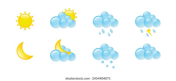 Weather icons. Sun, moon, clouds, rain, snow. Isolated vector illustration