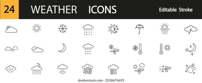 Weather icons, sun, moon, clouds, rain, snow. Editable stroke.