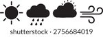 Weather Icons: Sun, Rain Cloud, Cloudy Sun, and Wind