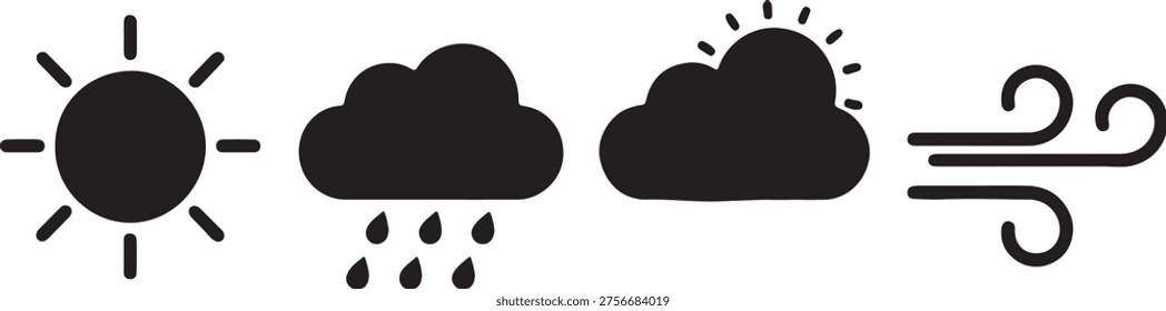 Weather Icons: Sun, Rain Cloud, Cloudy Sun, and Wind