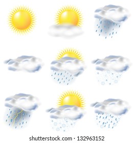  weather icons: sun, rain, snow, storm, clouds