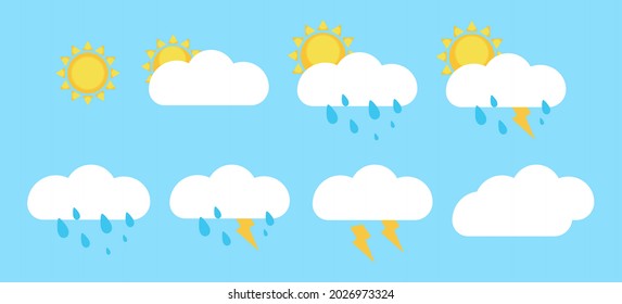 Weather icons: sunny, rain, cloudy, thunderstorm. On a blue background. Vector graphics