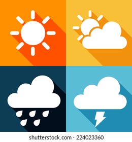 Weather icons of sunr, rain, cloudy days, lightning. Vector illustration