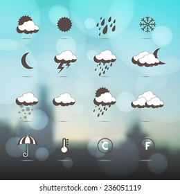 Weather icons.  Weather symbol. Set as labels - vector. Industrial background. Weather forecast. Winter. Blurred or Mesh background