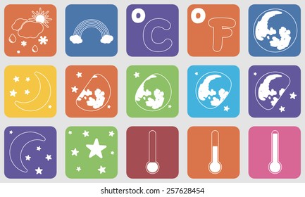 Weather icons & symbols. Set of isolated colorful buttons. Vector illustration