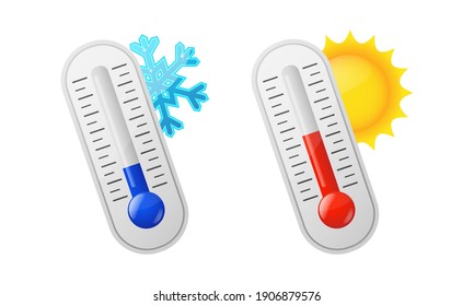 Weather icons. Thermometers with sun and snowflake isolated on white background. Vector illustration