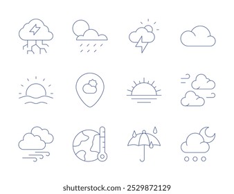 Iconos de Clima. Estilo de línea delgada, carrera editable. tormenta, amanecer, atardecer, paraguas, ventoso, nube, nublado, calentamiento global, granizo.