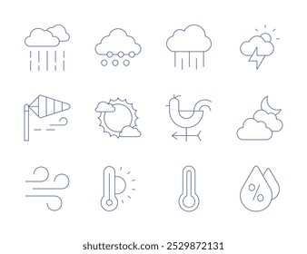 Iconos de Clima. Estilo de línea delgada, carrera editable. nieve, sol, termómetro, dirección del viento, señal del viento, viento, lluvia, temperatura, noche nublada, humedad, tormenta.