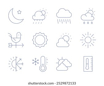 Iconos de Clima. Estilo de línea delgada, carrera editable. luna, veleta de Clima, Clima, día lluvioso, lluvioso, sol, temperatura, termómetro, lluvia.