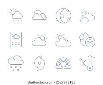 Iconos de Clima. Meteorología, fase lunar, Clima, nublado, agua fría, huracán, kelvin, lluvia, arco iris.