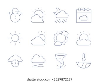 Weather icons. Thin Line style, editable stroke. bright, calendar, cloudy, fog, global warming, snowman, sun, time, snowy, sunny, tornado.