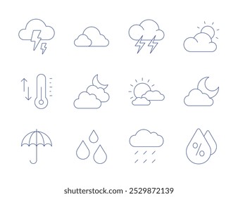 Iconos de Clima. Estilo de línea delgada, carrera editable. relámpago, Clima, tormenta, temperatura, paraguas, nubes, nublado, noche nublada, humedad, lluvia.