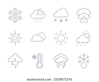 Iconos de Clima. Estilo de línea delgada, carrera editable. lluvia ácida, mal Clima, nublado, frío, descongelación, copo de nieve, nieve, sol, trueno.