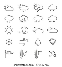 Weather icons: thin monochrome icon set, black and white kit