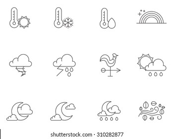 Weather icons in thin outlines. Windy, partly cloudy, storm, forecast