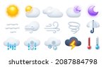 Weather icons. Thunderstorm lightning, rain and snow clouds. Hot and cold thermometer, wind and umbrella symbols for meteo forecast app. Vector illustrations set