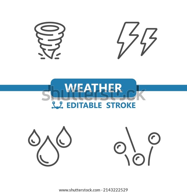 Weather Icons. Tornado, Twister,
Lightning Bolt, Storm, Rain, Raining, Hail, Hailstone.
Professional, pixel perfect icons. EPS 10 format. Editable
Stroke.