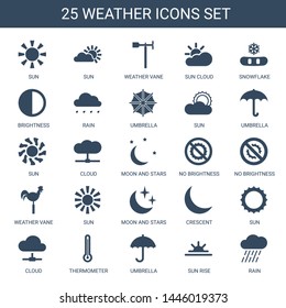 weather icons. Trendy 25 weather icons. Contain icons such as sun, weather vane, sun cloud, snowflake, brightness, rain, umbrella, cloud, moon and stars. icon for web and mobile.