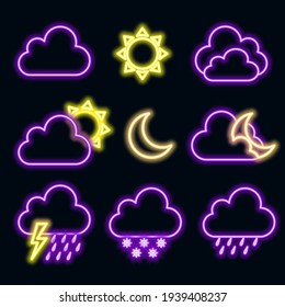 Weather icons in trendy neon light design. Set of main weather forecasts. Sunny, rainy, cloudly, snowy, stormy days.