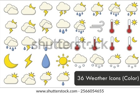 Weather Icons, Vector icons, Icon pack, color, lines, fill, Icons, summer, winter, rain, day, night