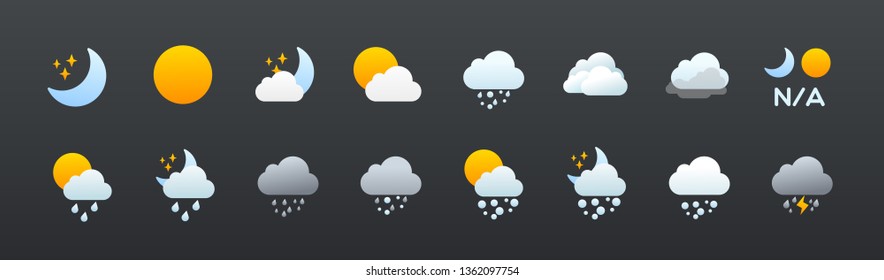Weather icons vector set. All type of weather conditions, temperature, cloud, sky symbols set, collection. Sunny, cloudy, rainy, stormy, hot degree sun. Seasons. Mobile application, ui ux icons.