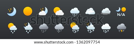 Weather icons vector set. All type of weather conditions, temperature, cloud, sky symbols set, collection. Sunny, cloudy, rainy, stormy, hot degree sun. Seasons. Mobile application, ui ux icons.