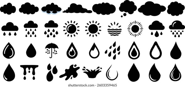 Weather icons vector set featuring black silhouettes of clouds, raindrops, sun, and water droplets. Ideal for weather apps, forecasts, climate infographics, and meteorology related designs