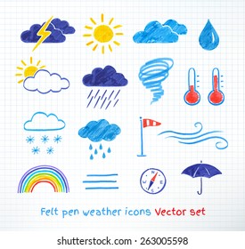 Weather icons vector set. Felt pen drawing. Isolated.