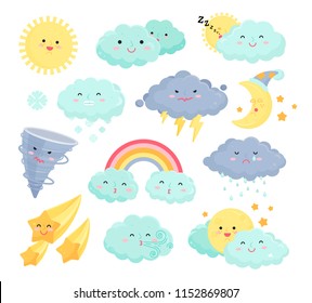 Weather icons vector set isolated from background. Collection of cute and funny weather signs. Cartoon design colorful illustrations of rainbow, stars, snow, wind, thunder, moon, sun, rain, clouds