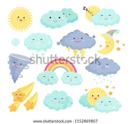 Weather icons vector set isolated from background. Collection of cute and funny weather signs. Cartoon design colorful illustrations of rainbow, stars, snow, wind, thunder, moon, sun, rain, clouds