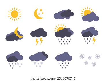 vetor de ícones meteorológicos definido no plano de fundo claro. Ilustração vetorial. Nuvens, sol, lua crescente, trovoada, dia e noite, neve e chuva para o projeto de previsão. Símbolos de inverno e verão, adesivo