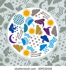 Weather icons vector set, simplistic symbols vector collection, includes seamless pattern in background.