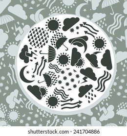 Weather icons vector set, simplistic symbols vector collection, includes seamless pattern in background.