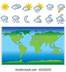 Weather icons and world map vector