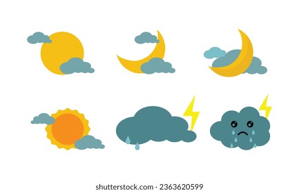 Weather illustration with cloud, sun, moon, rain and flash air condition