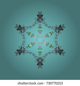 Weather illustration ice collection. Vector. Xmas frost snow flake isolated silhouette symbol. Winter christmas snow flat crystal element. Snowflake vector icon background blue, gray and green color.