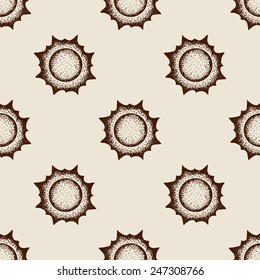Weather illustration. Seamless pattern with sun in vector. Vintage hand drawn background.