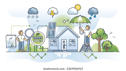 Weather impact on energy consumption and household usage outline concept. Precipitation and climate temperature influence on electric heating or solar panel electricity production vector illustration