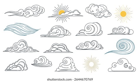 Weather inspired vector art of cloud and sun in vintage style illustration