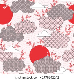 Weather in Japanese. Seamless pattern with geometry, red sun, clouds, sakura branches, delicate pink and grey colours.