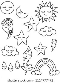 Weather Kawaii, Star, Moon, Black Outline, Cloud, Sun, freehand, Rainbow, Illustration, Raindrop, Lightning bolt, Maple leaf, Tornado, Sleepy face, Cute Characters,  Meteorology, Funny doodles, faces