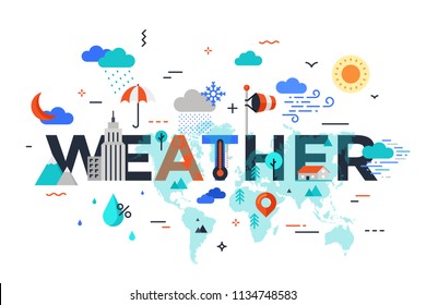 Weather lettering surrounded by world map, precipitation, umbrella, clouds, mountains symbols. Colorful infographic banner with elements in flat style. Vector illustration for meteorological website.