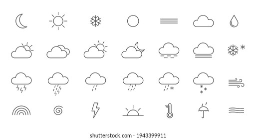 Weather line art icons set. Collection of thin modern symbols of weather. Outline meteorology shapes. Sun, rain, moon, cloud, cold, snow, wind, fog templates. Vector illustration.