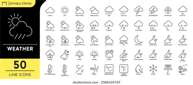 Weather line editable icon set. editable stroke vector pack. cloudy, sun, humadity, winter, rainy, sunset, breeze, intense rain, lightning, thunderstorm,  snowflake, and more. vector illustration.